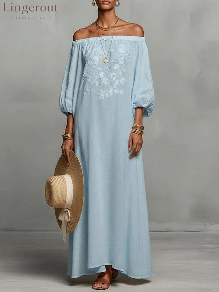 Linen Off Shoulder Floral Embroidery Balloon Sleeve Maxi Dress - Blue / S