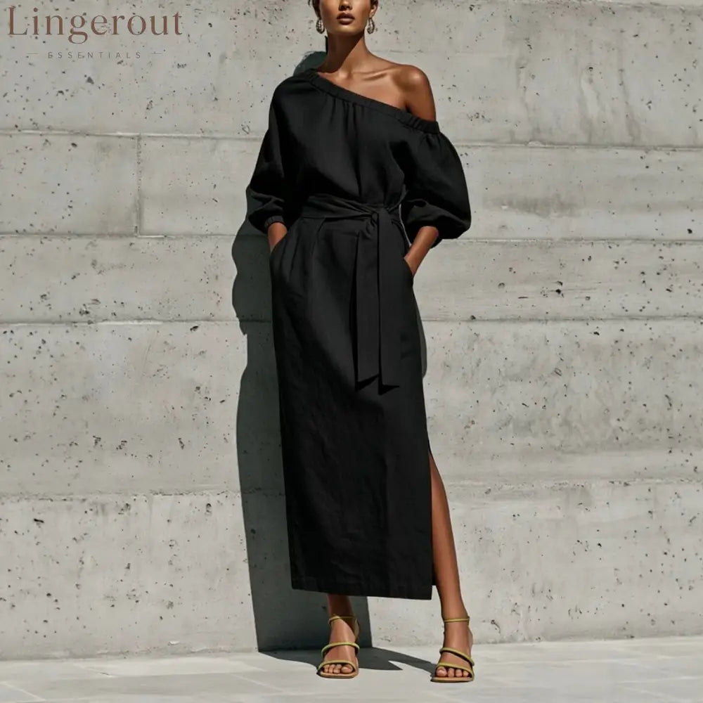 Linen One Shoulder Balloon Sleeve Self Tie Waist Side Slit Midi Dress - Black / S