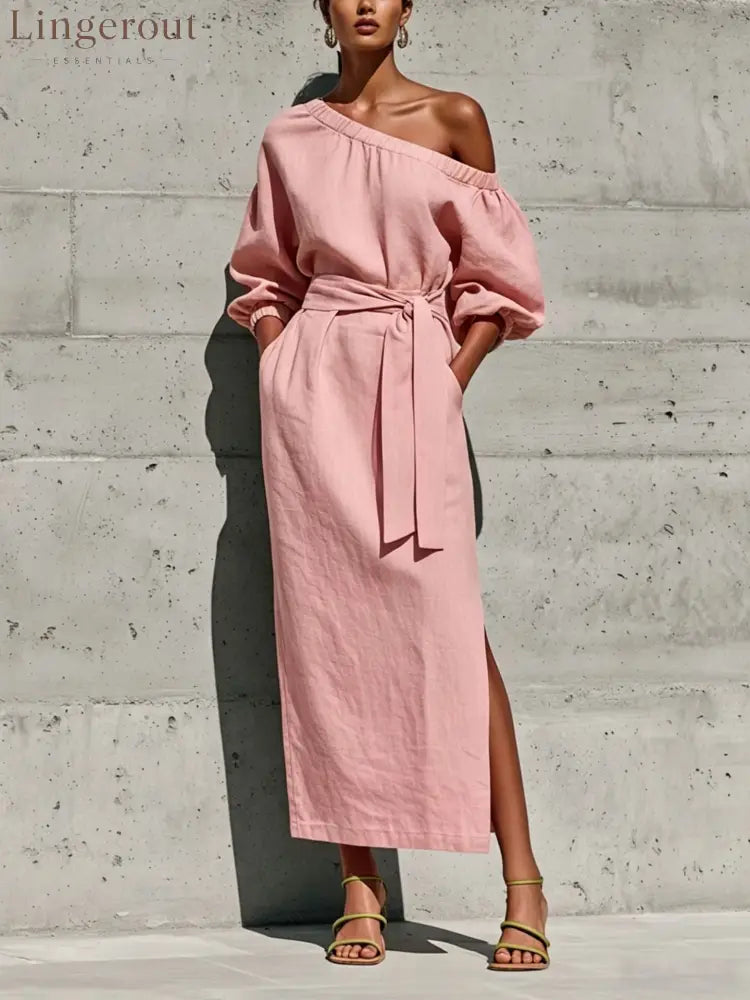 Linen One Shoulder Puff Sleeve Tie Waist Side Slit Midi Dress - Pink / S
