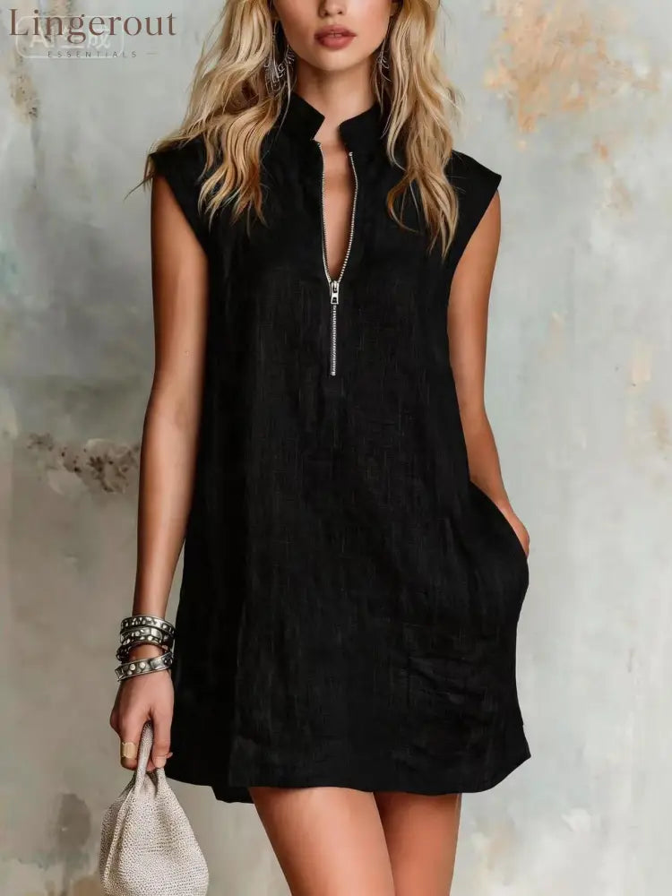 Linen Stand Collar Half Zip Sleeveless Pocket Mini Shift Dress - Black / S