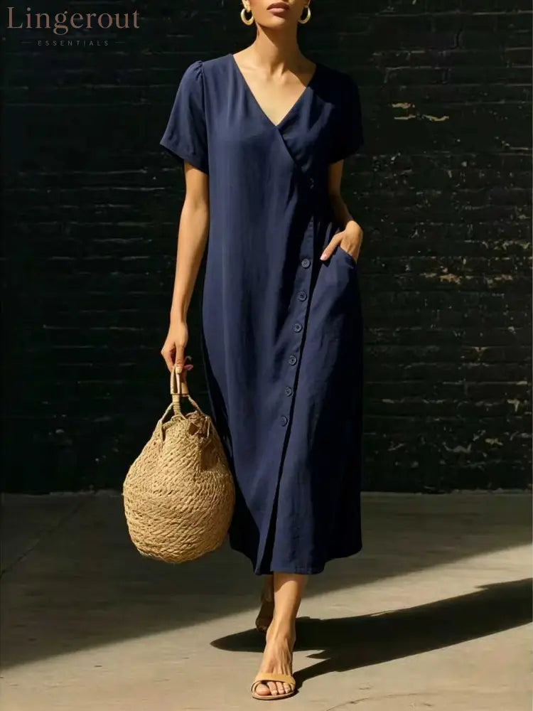 Linen Wrap V Neck Side Button Short Sleeve Midi Dress - Navy blue / S
