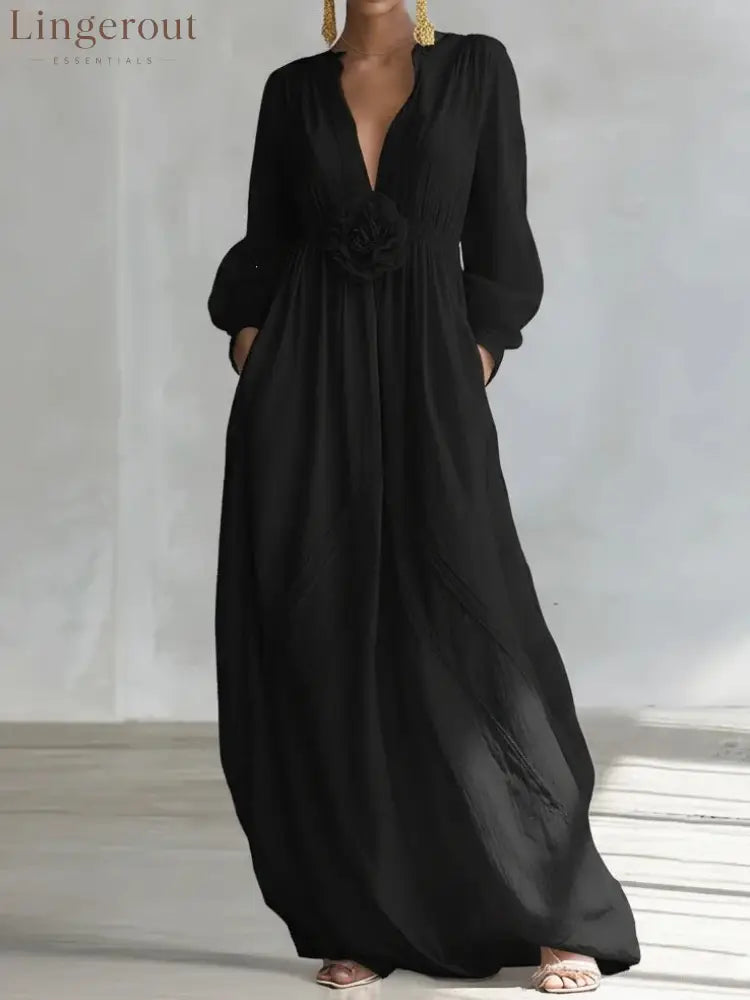 Long Puff Sleeve Textured Fabric Flowy Wedding Guest Dress with Side Pockets - Black / S