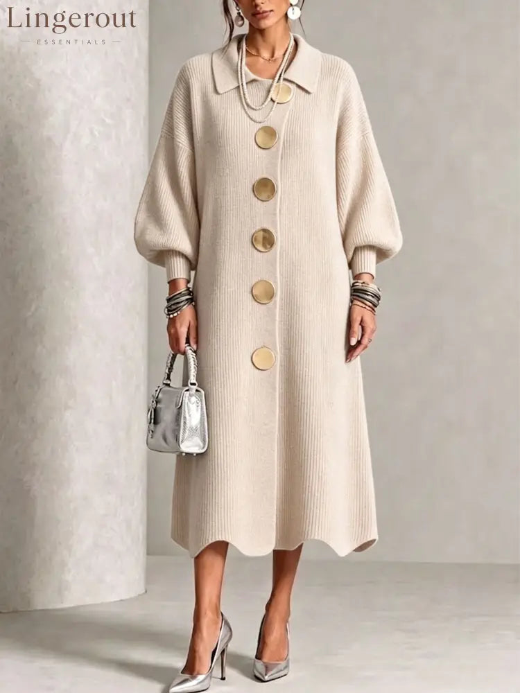 Long-sleeve Knit Dress With A Large Metal Buckle Lapel Collar And Lantern Sleeves - Apricot / S