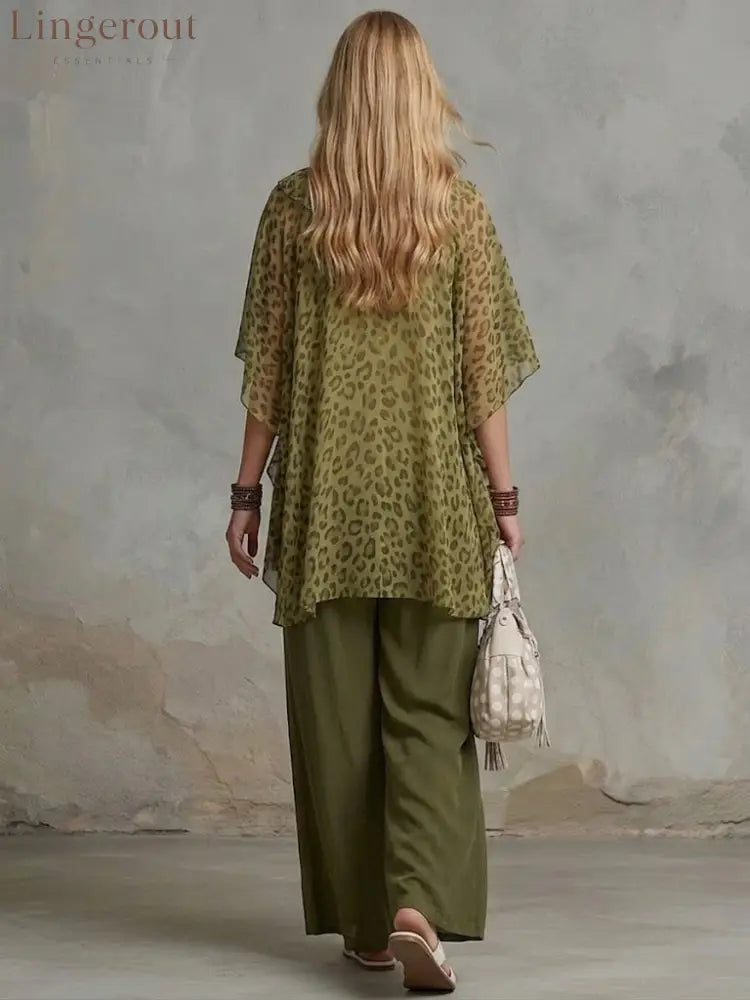 Loose And Cozy Leopard Print Chiffon Two-piece Set (top & Pants)