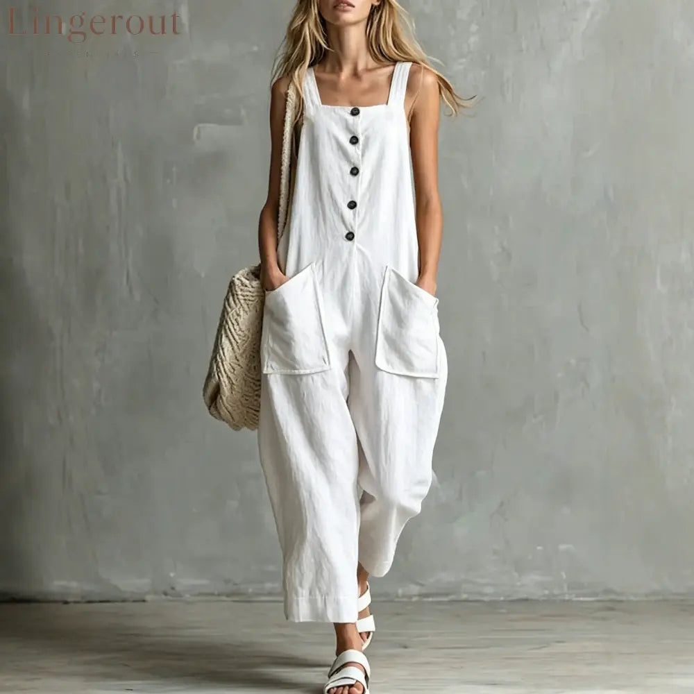 Loose Linen Square Neck Sleeveless Pocket Jumpsuit Casual Overall - White / S