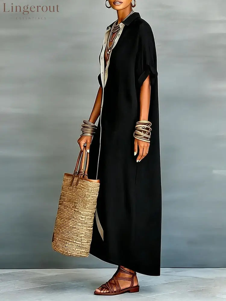 Loose Short Sleeves Buttoned Pockets Split-Joint Lapel Maxi Dresses