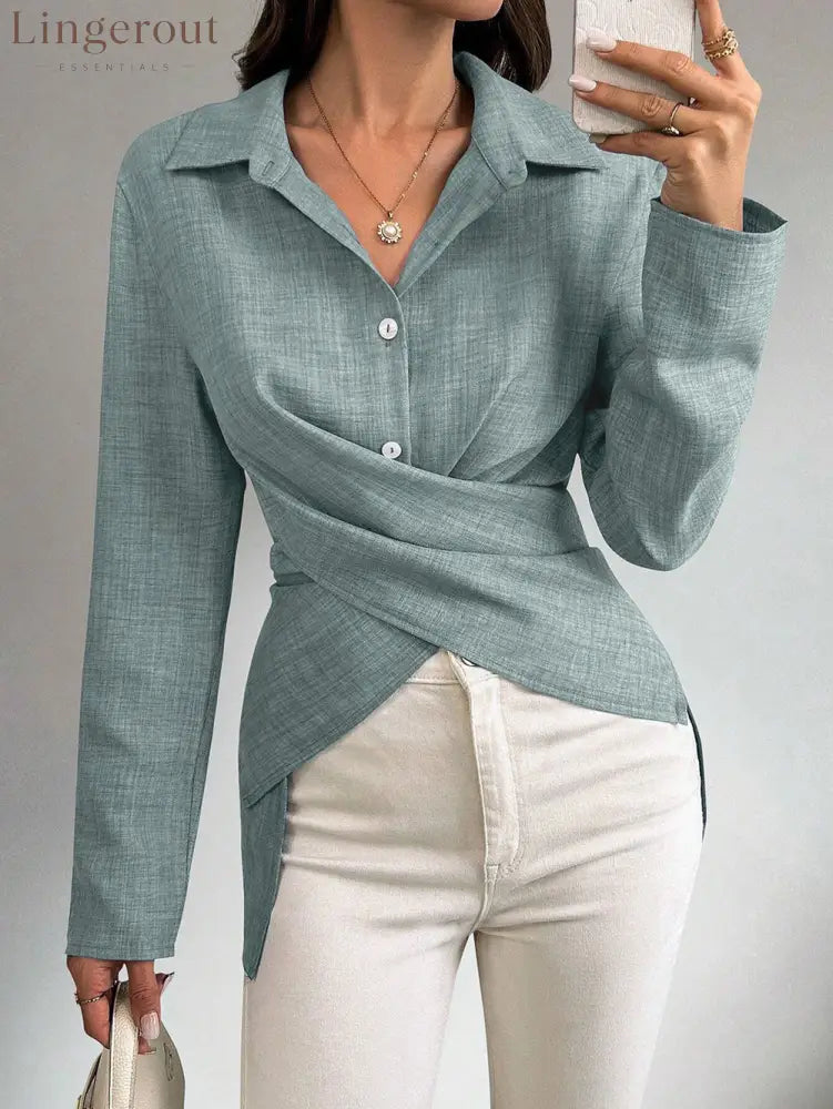 Multi‑Way Wrap‑Tie Long‑Sleeve Linen Blend Shirt - Light blue / S