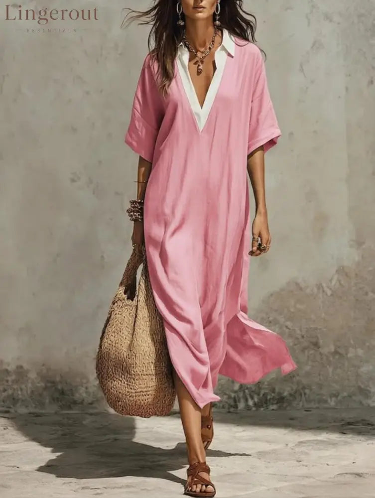 New Casual Bohemian Style Deep V-Neck Long Skirt - Pink / S