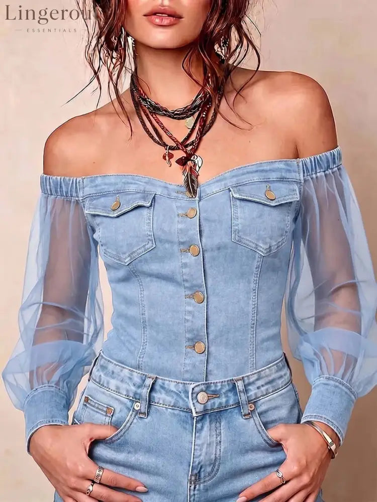 Off-Shoulder Denim Mesh Sleeve Top - Light blue / S
