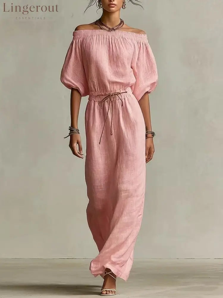Off‑The‑Shoulder Linen‑Blend Maxi Dress - Pink / S