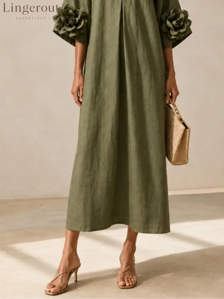 Olive Green V-neck Midi Dress With Striking Floral Cuffs