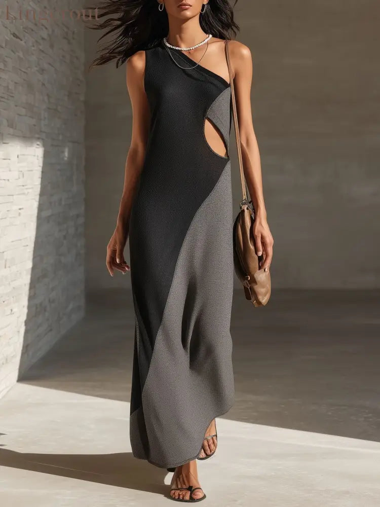 One-Shoulder Color-Block Cut-Out Maxi Dress - Black and gray / S