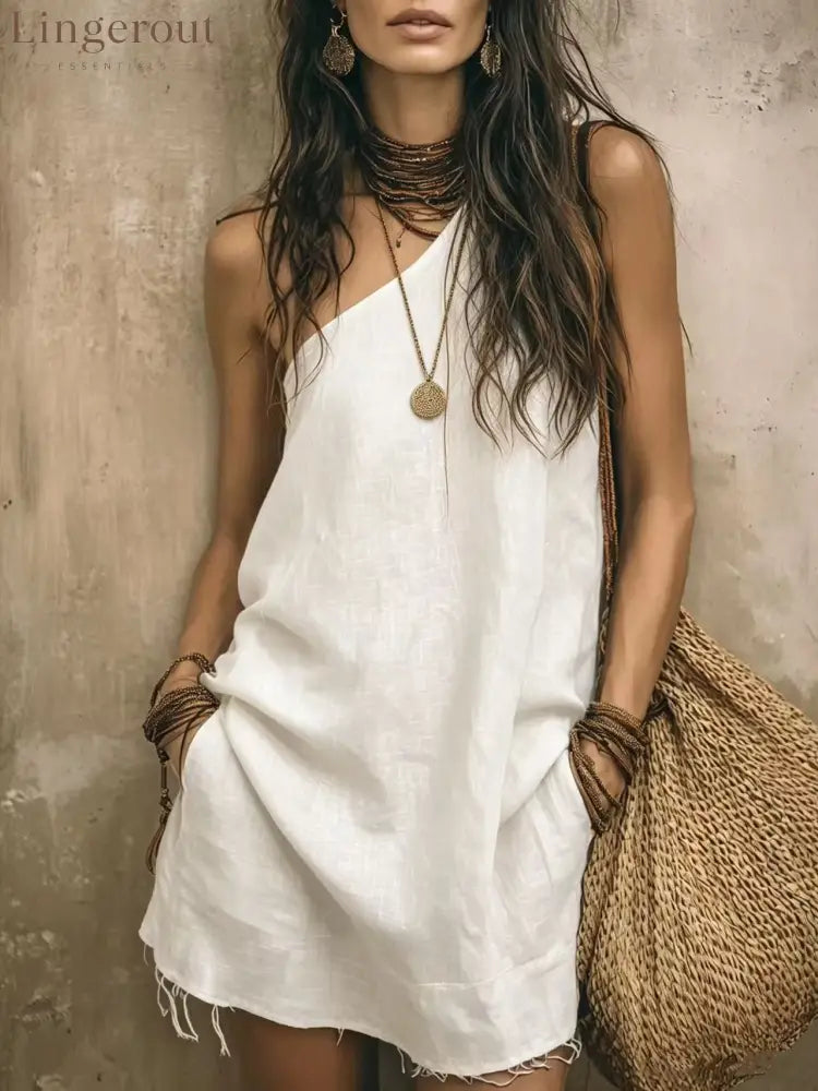 One‑Shoulder Frayed Hem Linen Blend Mini Dress With Pockets - White / S