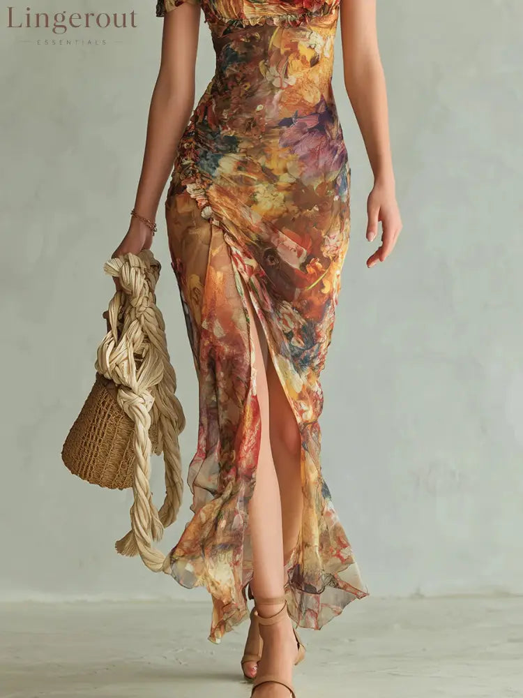 Orange Bohemian Holiday Oil Painting Print Chiffon Maxi Dress