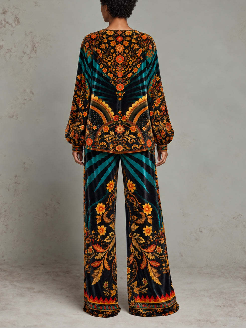 Bohemian Velvet Floral Print Matching Top & Wide-Leg Pants Set