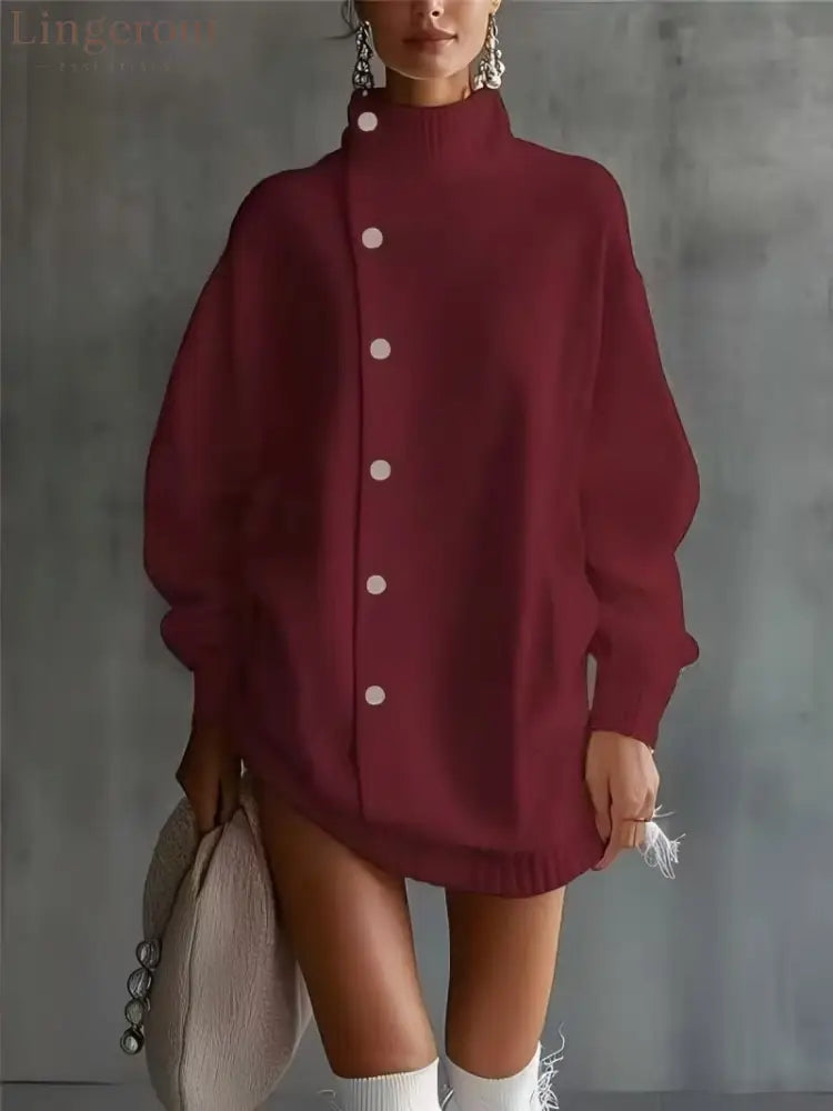 Oversized Asymmetric Button Turtleneck Knit Mini Dress - Burgundy / S