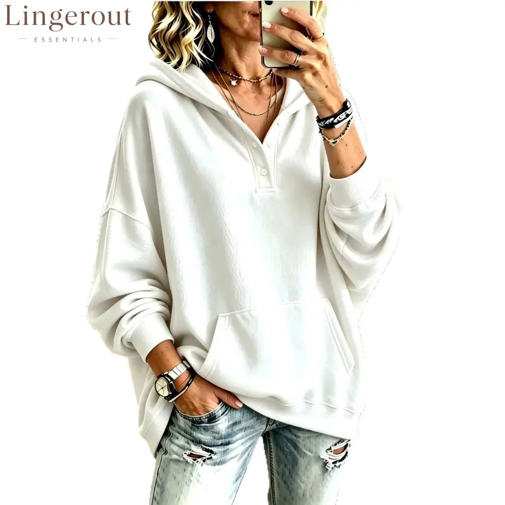 Oversized Half Button Henley Hoodie With Front Kangaroo Pocket