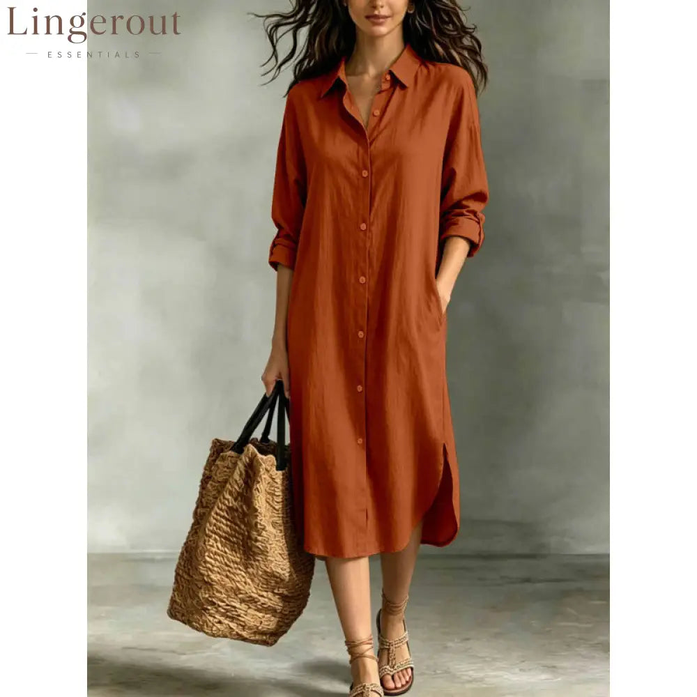 Oversized Linen‑Blend Shirt Midi Dress - caramel color / S