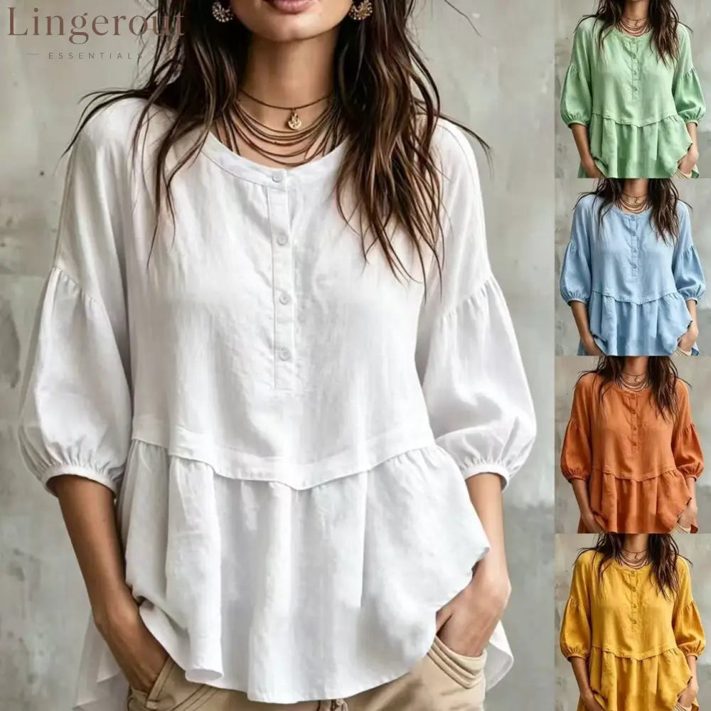 Peplum Balloon Sleeve Blouse – Soft Linen-Blend Casual Top