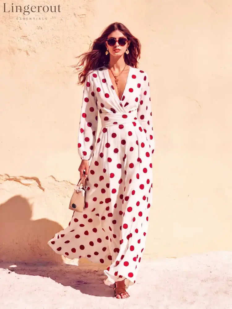 Polka Dot Wrap V-Neck Long Sleeve Maxi Dress - Red / S
