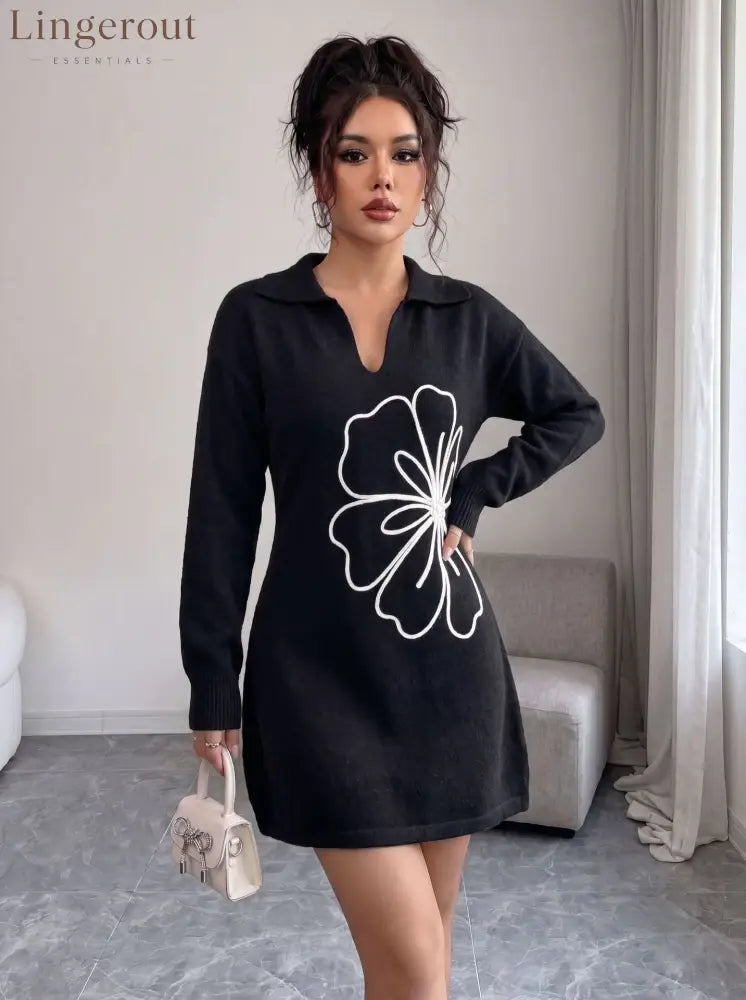 Polo Collar 3D Floral Embroidery Knit Mini Dress - Black / S