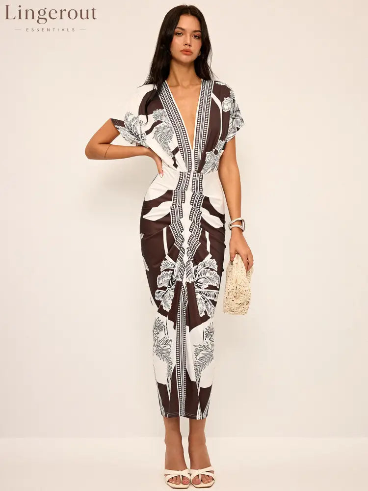 Printed Deep V-Neck Midi Dress Without Belt