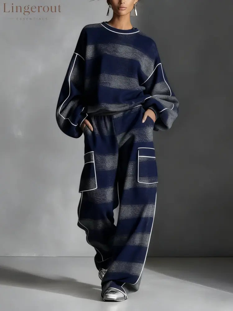 Red and Gray Plaid Color-blocked Sweatshirt and Casual Pants Two-piece set - Blue / S