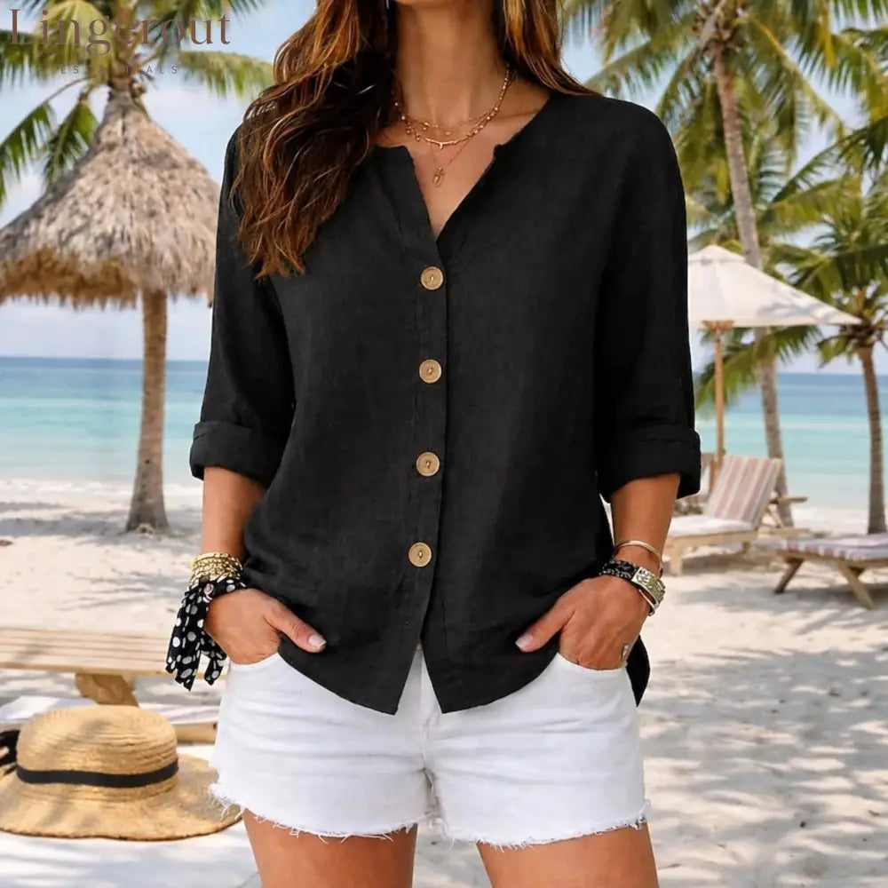 Relaxed Fit V-Neck Button-Up Blouse with Wooden Buttons