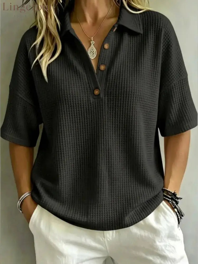 Relaxed Fit Waffle Knit Polo Top - Black / S