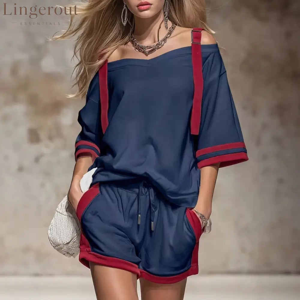 Retro Color-blocked Off-shoulder Short-sleeved T-shirt And Shorts Set - Dark blue / S