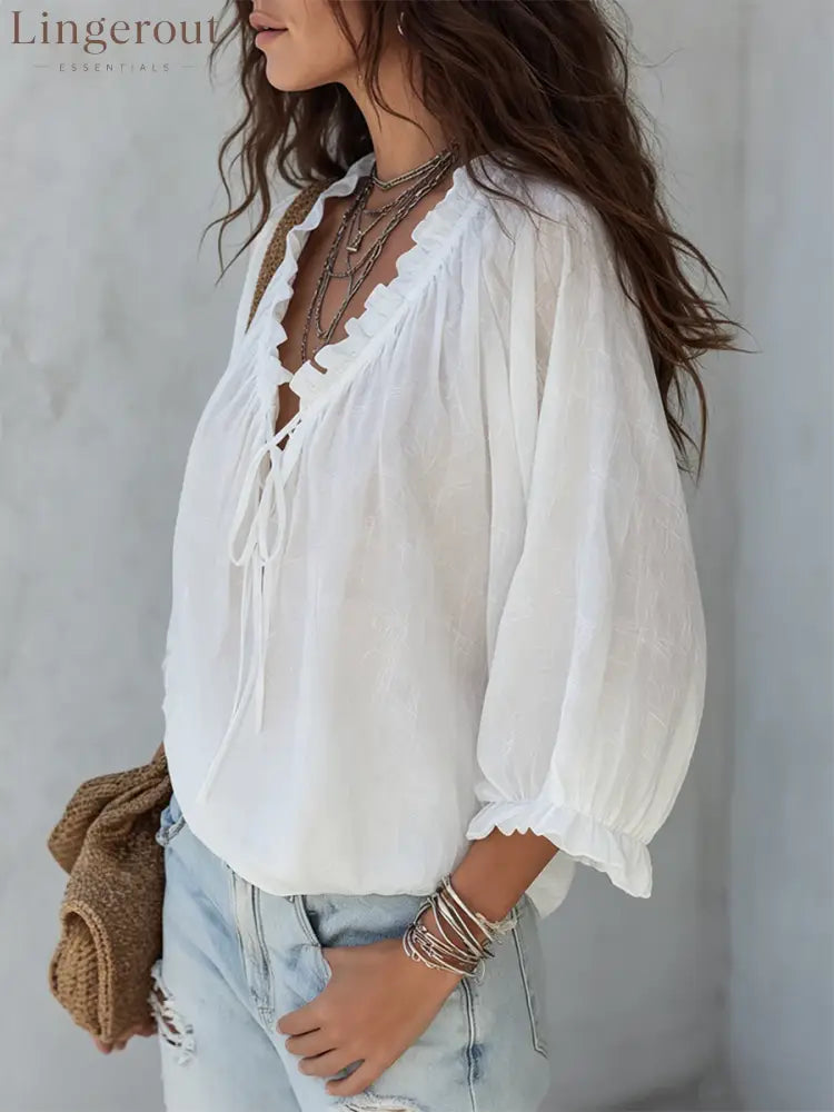 Retro Ruffled V-neck Tie-front Blouse