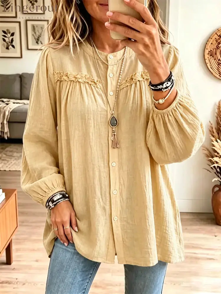 Retro Solid Color Art Casual Ruffle Stylish Long Sleeve Cotton Linen Shirt - Yellow / S