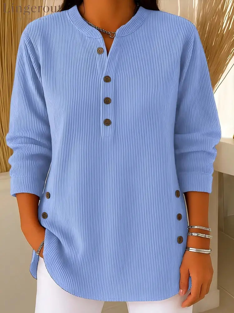 Ribbed Mandarin Collar Tunic Top | Button-Detail Blouse