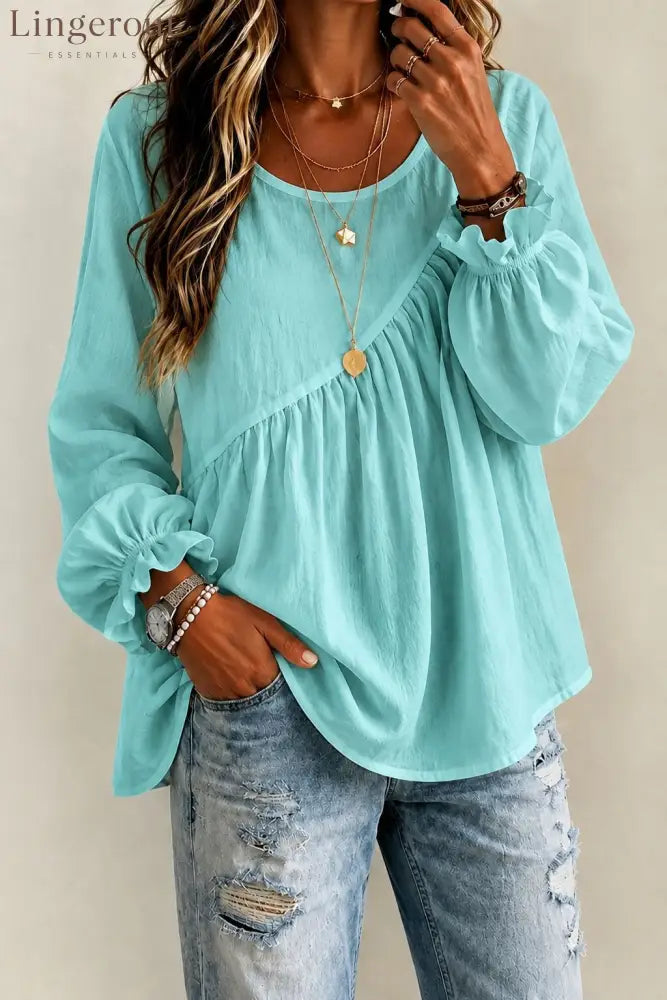 Round Neck Gathered Babydoll Blouse With Ruffle Balloon Long Sleeves - Emerald / S