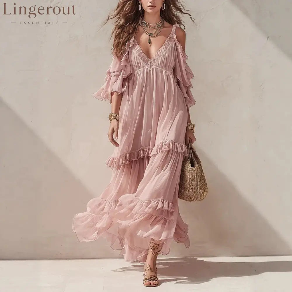 Ruffle Cold-Shoulder Maxi Dress