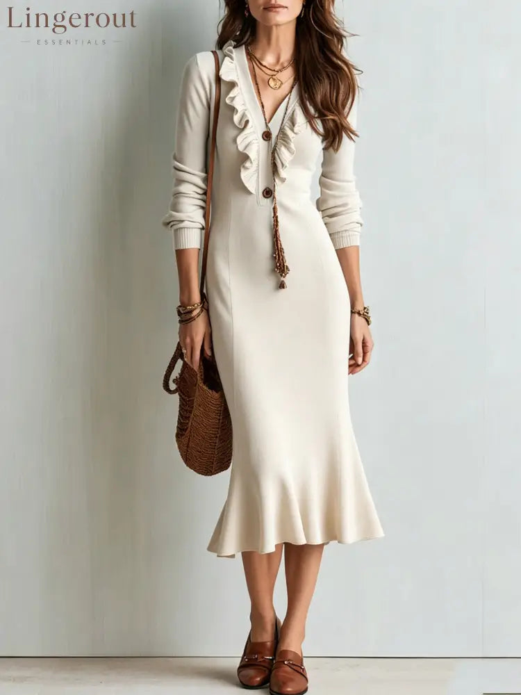 Ruffle V-Neck Knit Midi Dress with Mermaid Hem - White / S