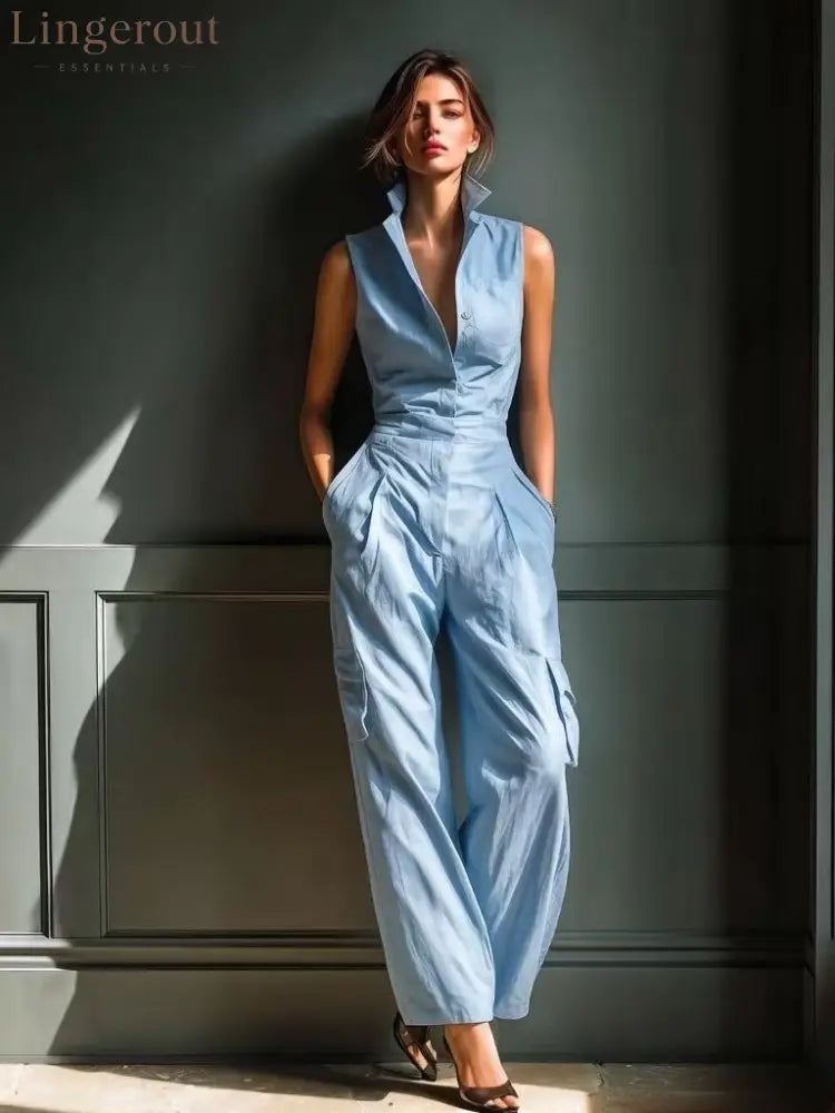 Sleeveless Collar Shirt Cargo Wide Leg Jumpsuit - Sky blue / S