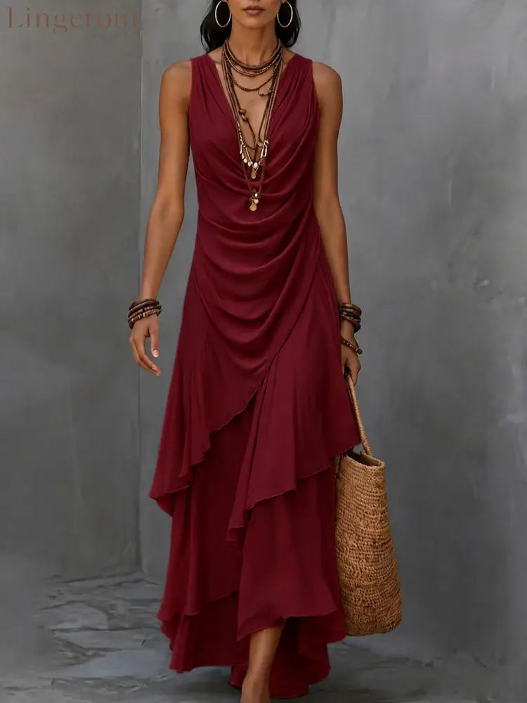 Sleeveless Draped V-Neck Asymmetrical Ruffle Maxi Dress - Red / S