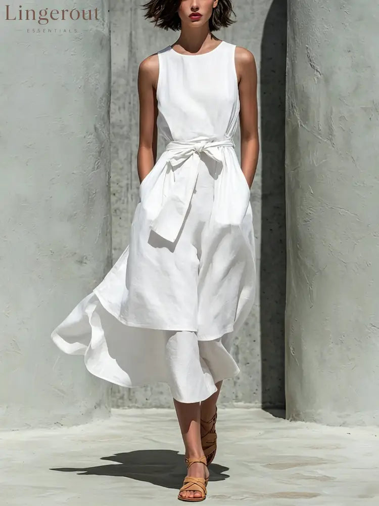 Sleeveless Tie Waist Layered Linen Midi Dress - White / S