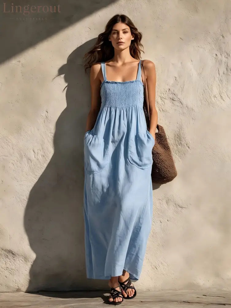 Smocked Square Neck Spaghetti Strap Pocket Linen Blend Maxi Dress - Sky blue / S