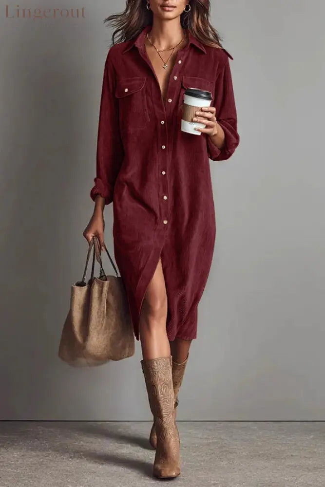 Solid Color Single-Breasted Pocket Casual Shirt-Style Midi Dress - Wine Red / XS