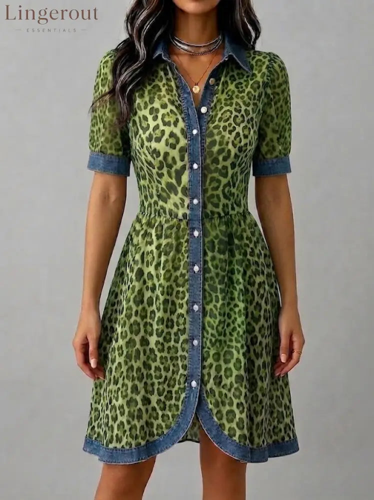 Stylish Casual Leopard-print Chiffon And Denim Patchwork Dress - Green / S
