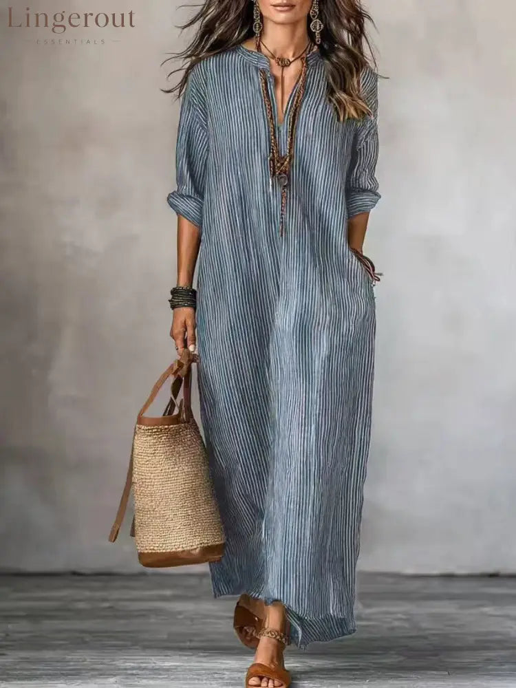 Textured Crinkled V Neck Half Sleeve Loose Maxi Dress - Blue / XS