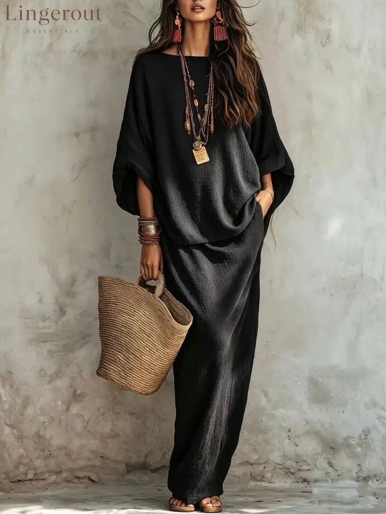 Textured Linen Batwing Top & Wide Leg Maxi Skirt Two-Piece Set - Black / XS