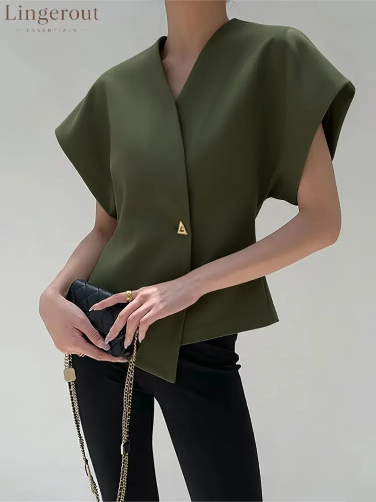 Trendy V-Neck Button Down Blouse - ArmyGreen / S