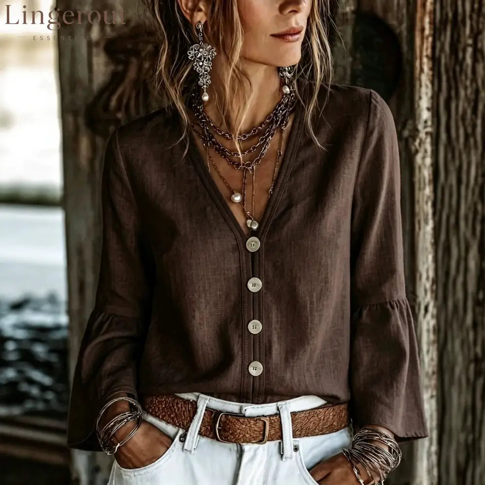 V-Neck Button-Front Bell Sleeve Blouse - Coffee / S