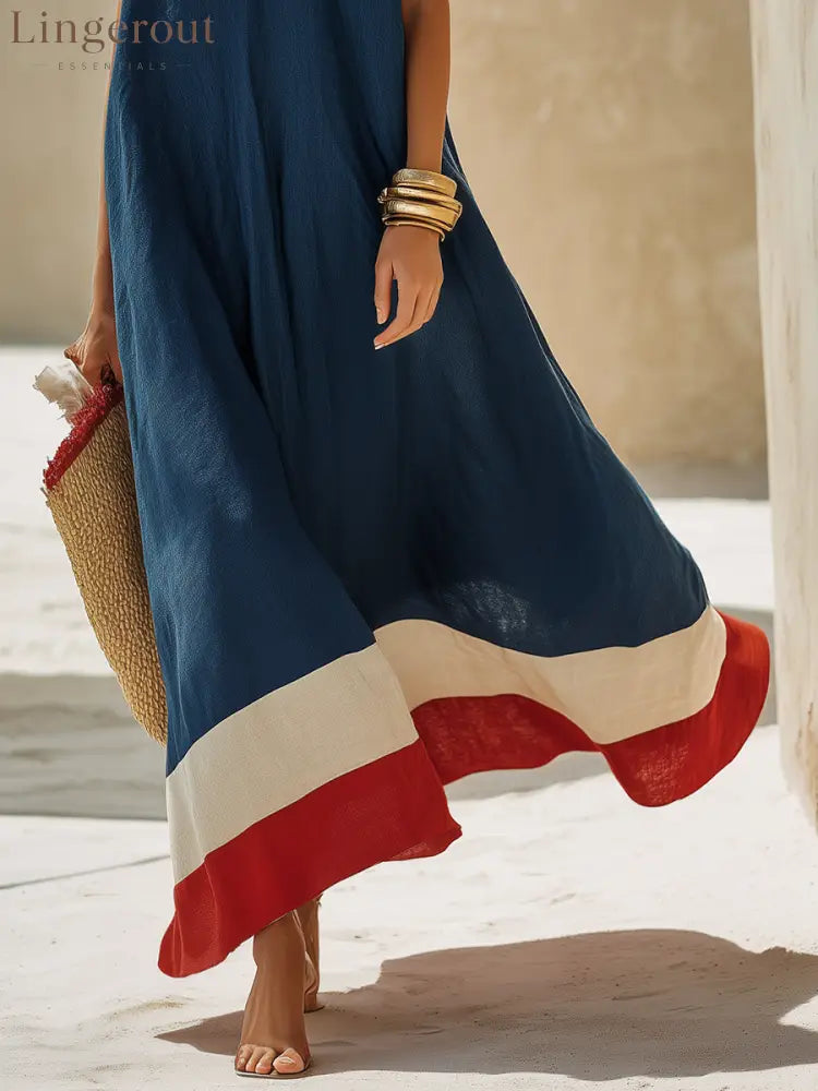 V-Neck Cap Sleeve Color Block Hem Linen Blend Loose Maxi Dress