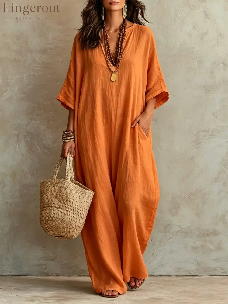 V‑Neck Half‑Sleeve Linen Blend Loose Maxi Kaftan Dress With Pockets - Orange / S