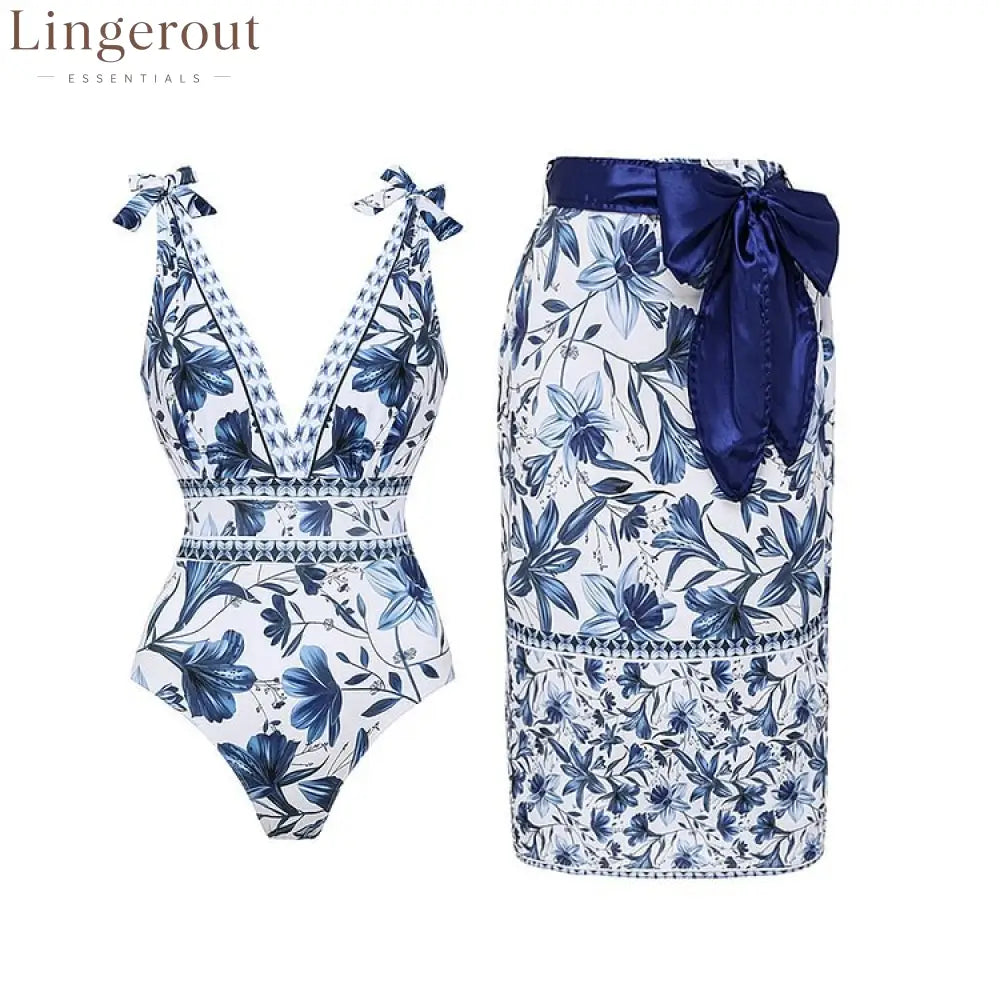 V Neck Lace Up Strip Plant Prints One Piece Swimsuit and Skirt/Sarong - Style 2 / S