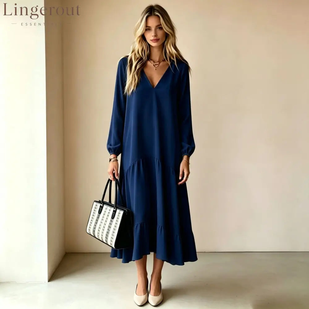 V‑Neck Long‑Sleeve Tiered Ruffle‑Hem Midi Dress - navy blue / S